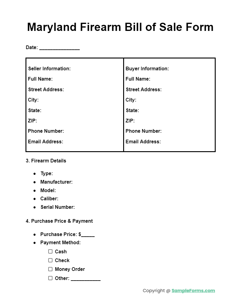 maryland firearm bill of sale form