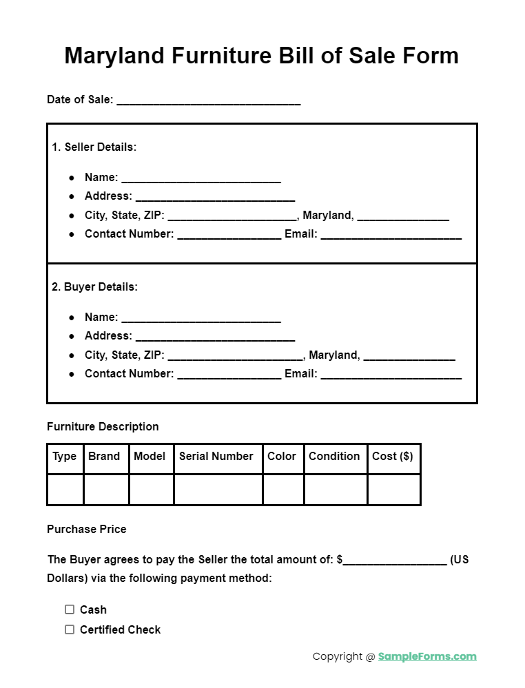 maryland furniture bill of sale form