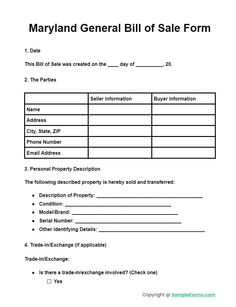 maryland general bill of sale form