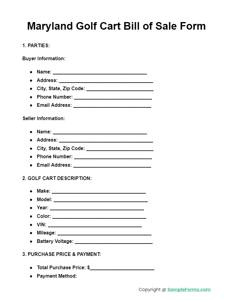 maryland golf cart bill of sale form