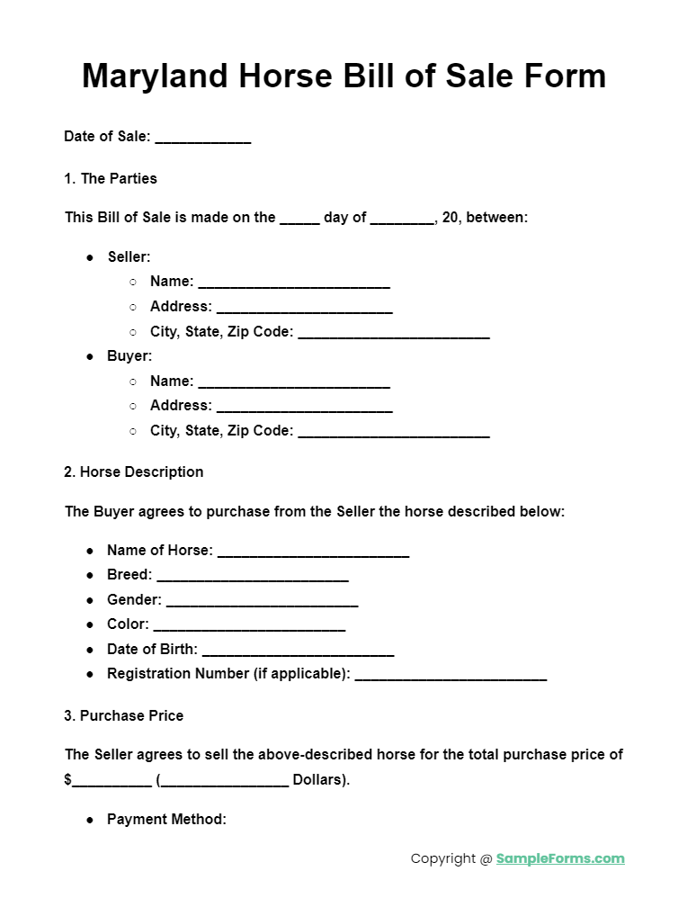 maryland horse bill of sale form