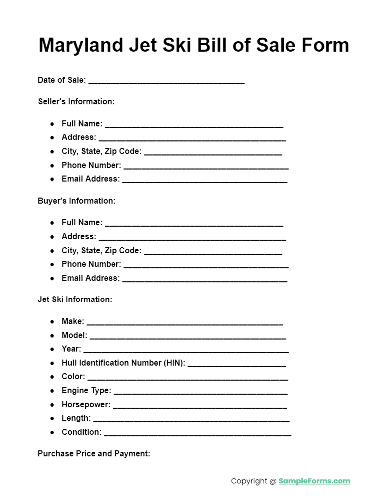 maryland jet ski bill of sale form