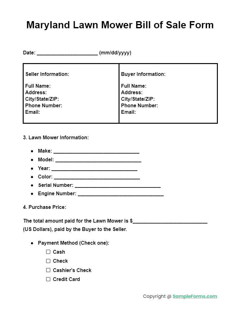 maryland lawn mower bill of sale form