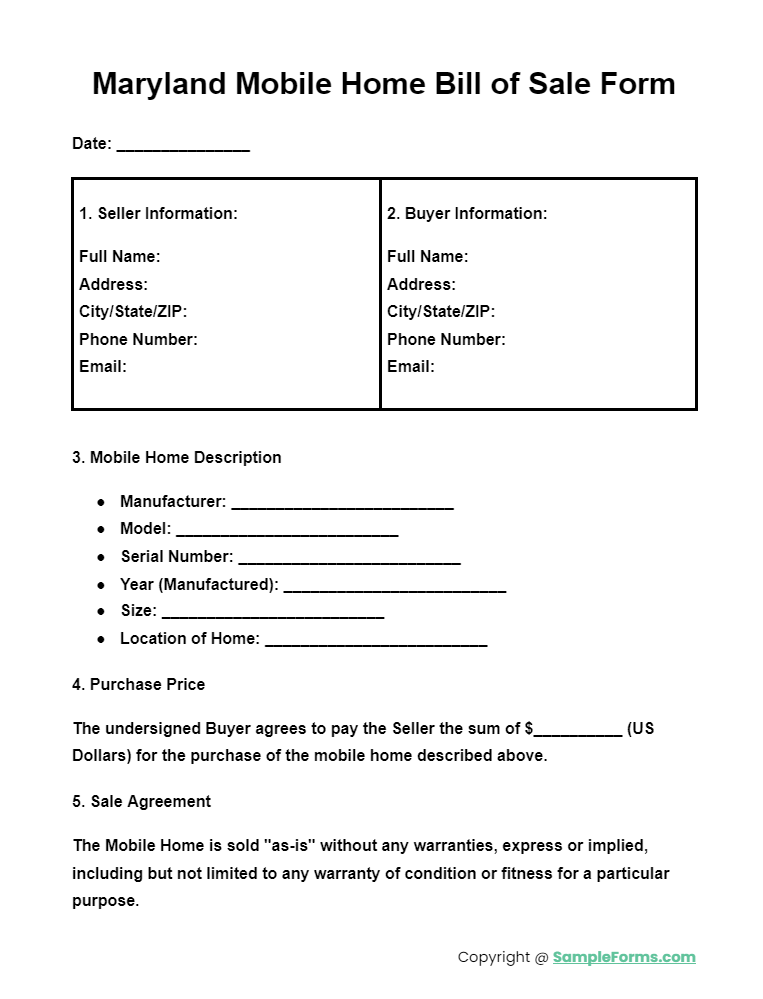 maryland mobile home bill of sale form