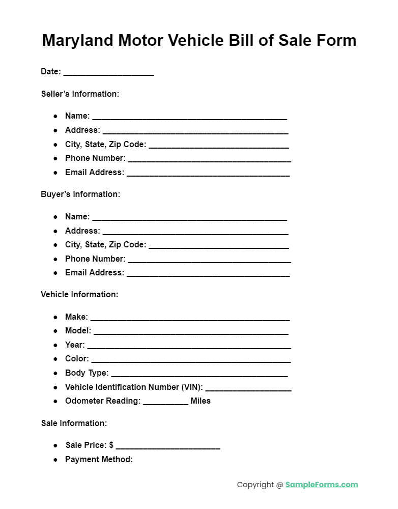 maryland motor vehicle bill of sale form