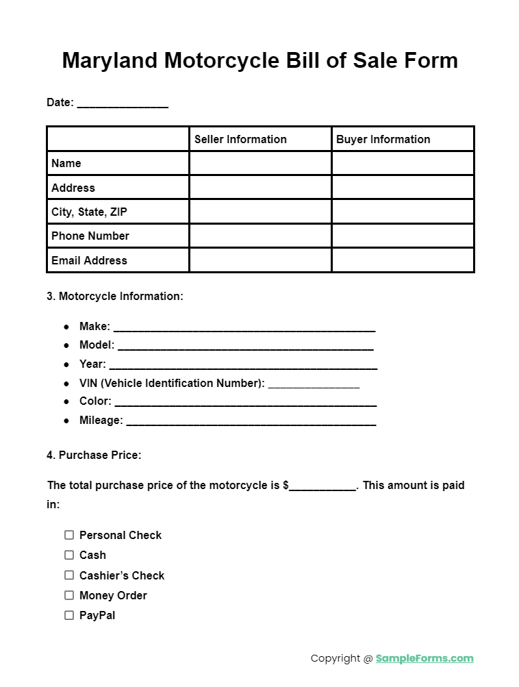 maryland motorcycle bill of sale form