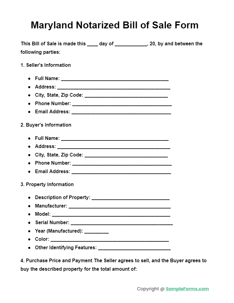 maryland notarized bill of sale form