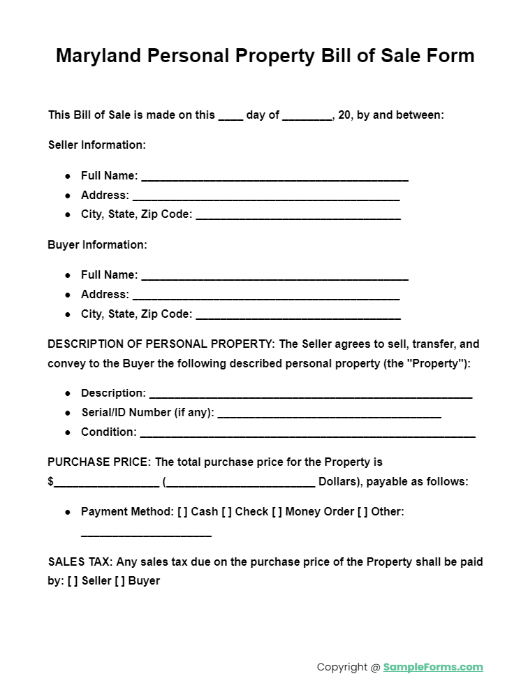 maryland personal property bill of sale form