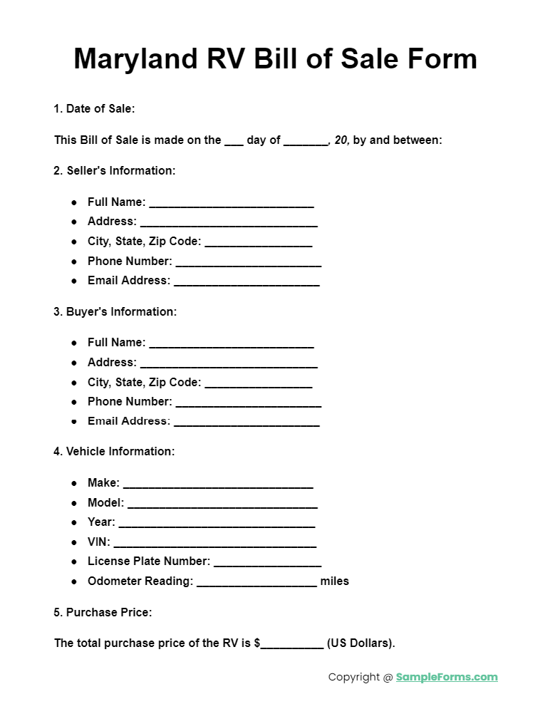 maryland rv bill of sale form