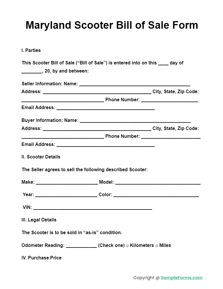 maryland scooter bill of sale form