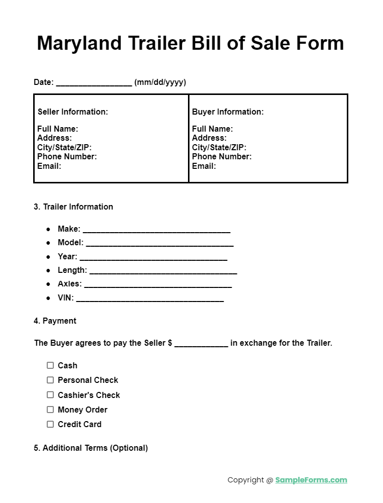 maryland trailer bill of sale form