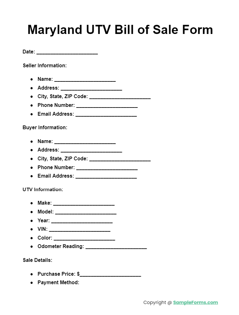 maryland utv bill of sale form