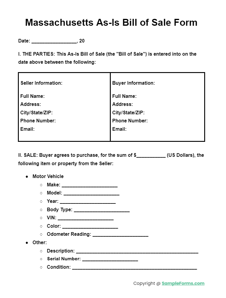 massachusetts as is bill of sale form