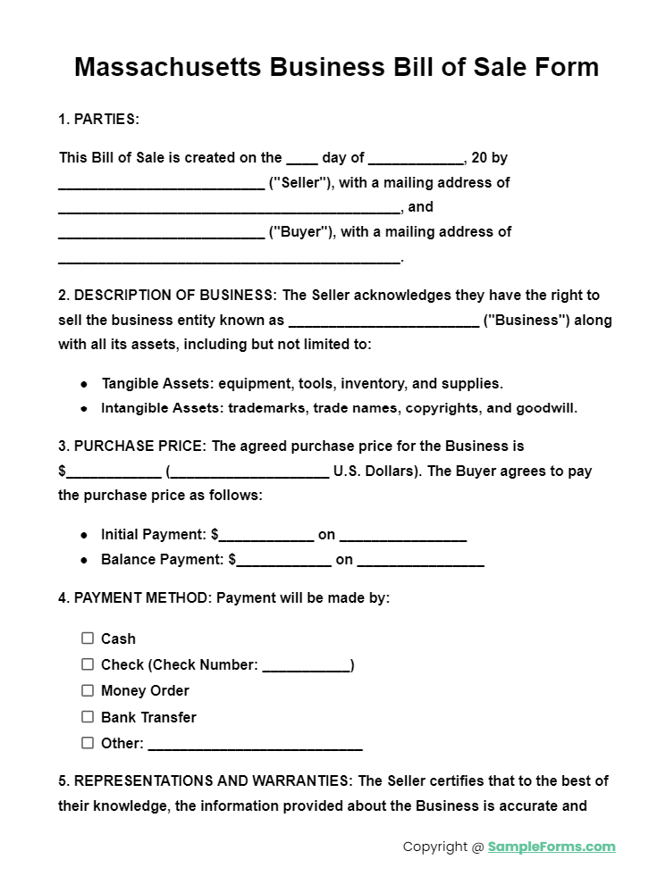 massachusetts business bill of sale form