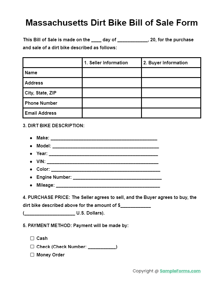 massachusetts dirt bike bill of sale form