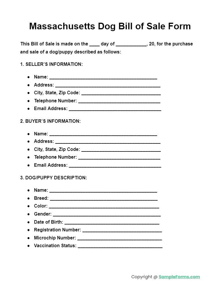 massachusetts dog bill of sale form