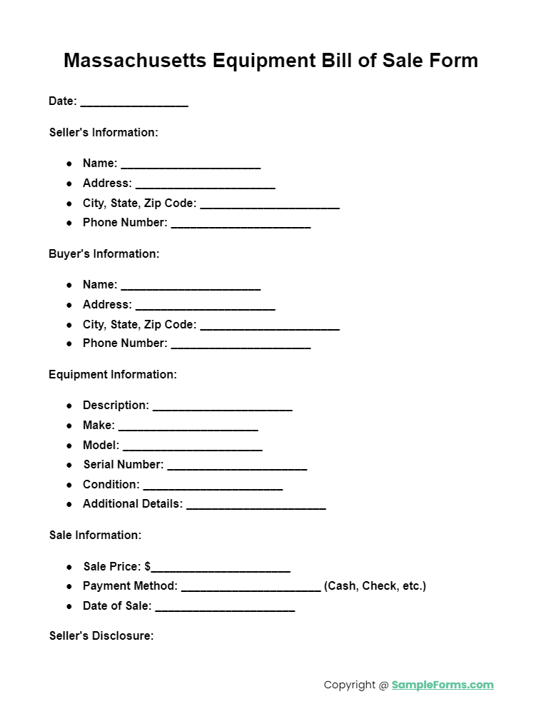 massachusetts equipment bill of sale form