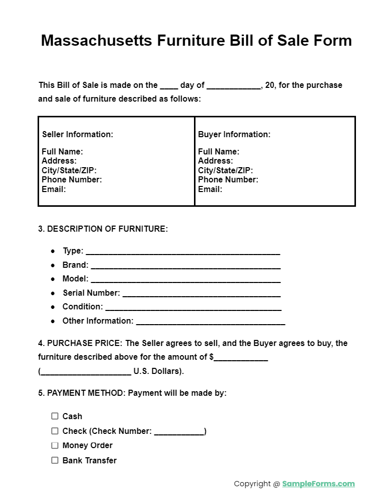 massachusetts furniture bill of sale form