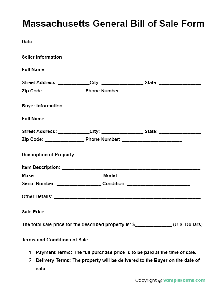 massachusetts general bill of sale form