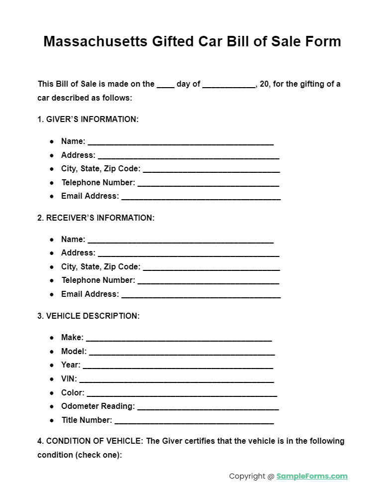 massachusetts gifted car bill of sale form