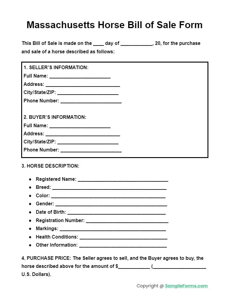 massachusetts horse bill of sale form