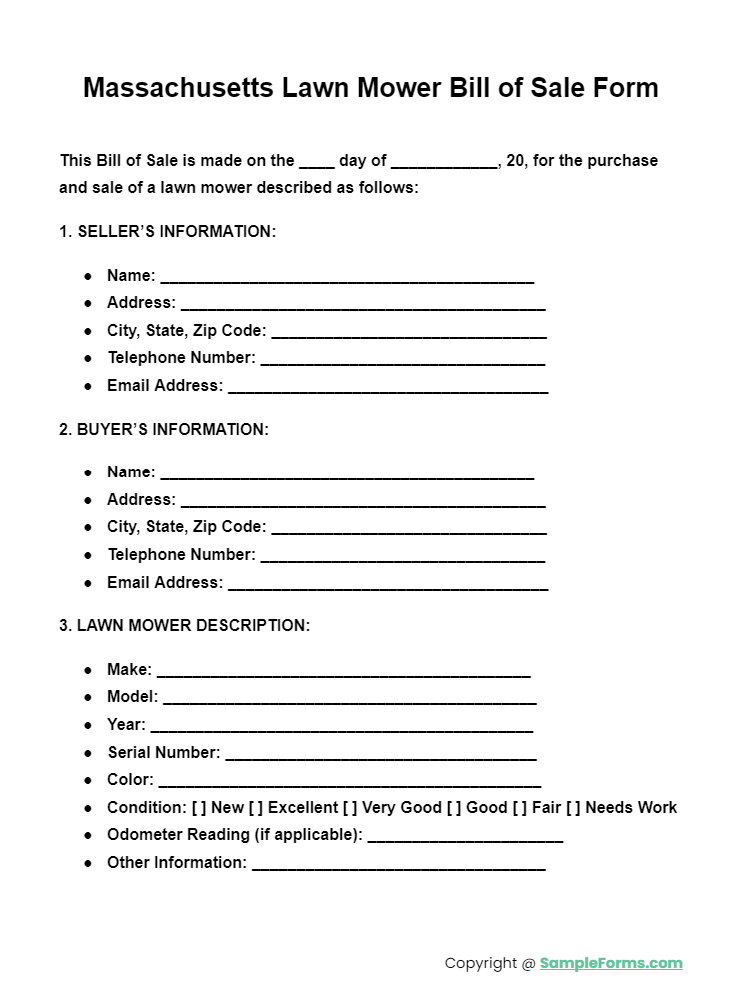 massachusetts lawn mower bill of sale form