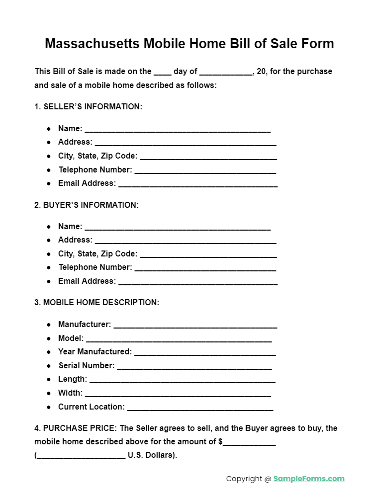 massachusetts mobile home bill of sale form