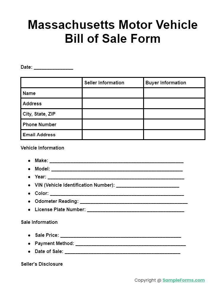 massachusetts motor vehicle bill of sale form