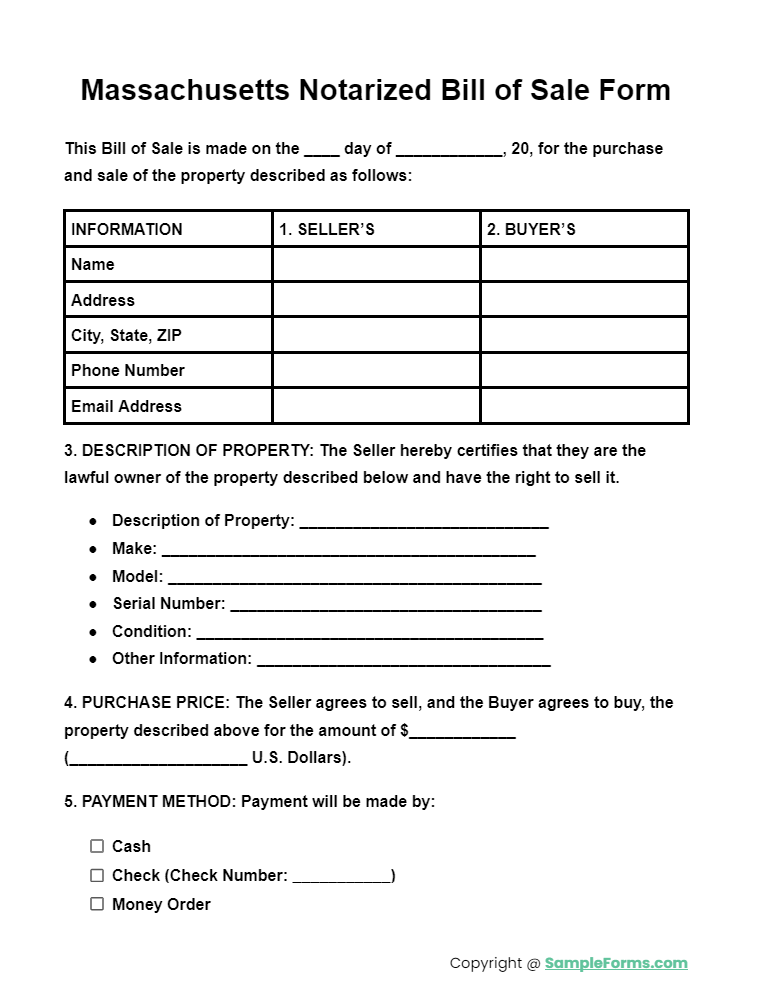 massachusetts notarized bill of sale form