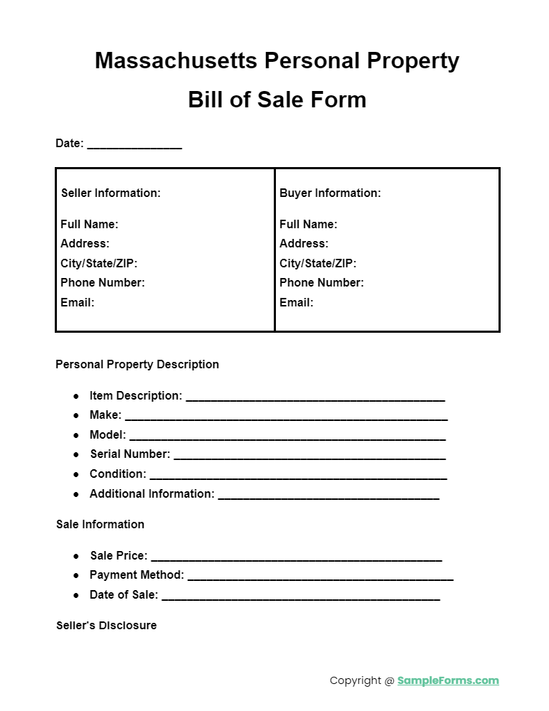 massachusetts personal property bill of sale form