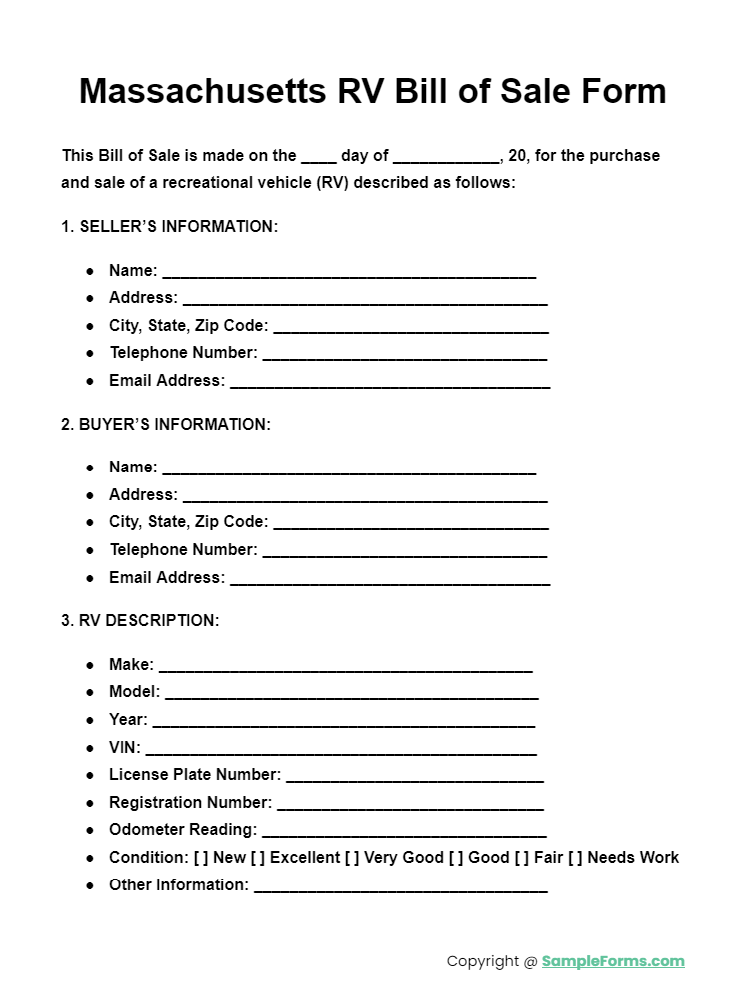 massachusetts rv bill of sale form