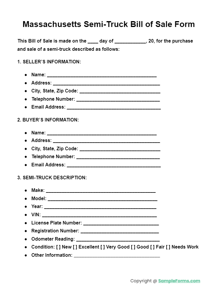 massachusetts semi truck bill of sale form