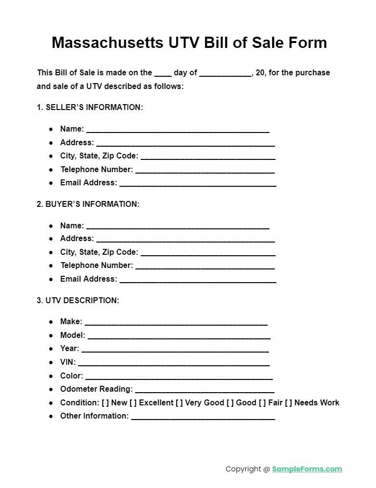 massachusetts utv bill of sale form