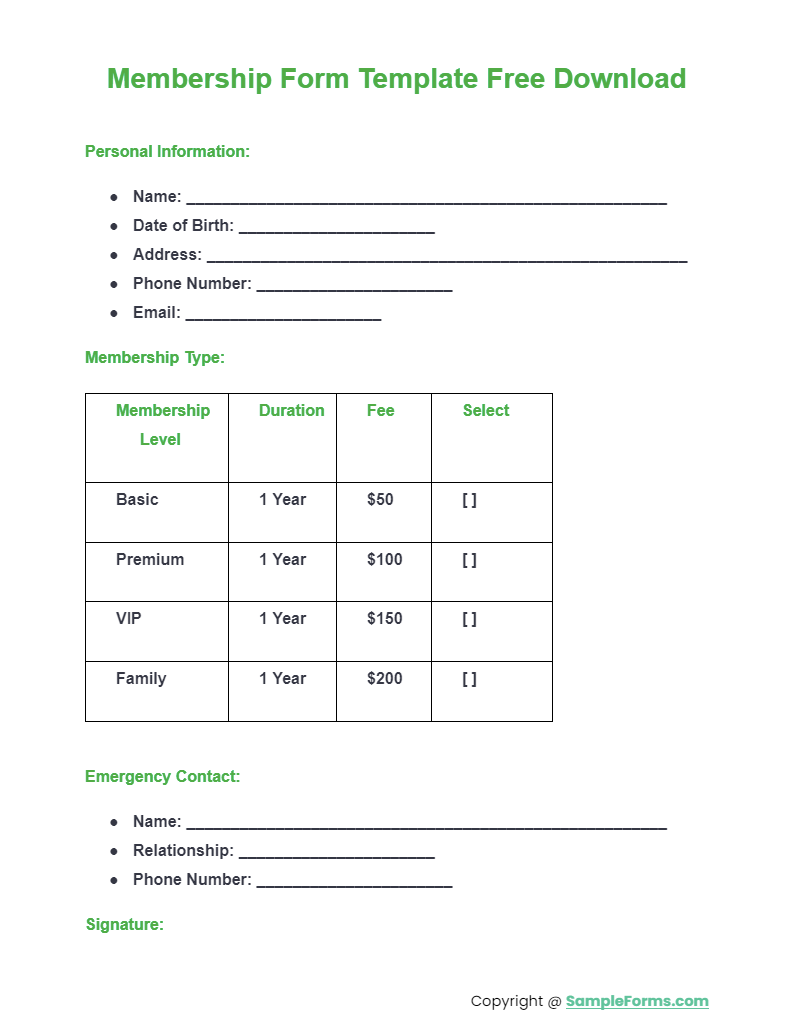 membership form template free download