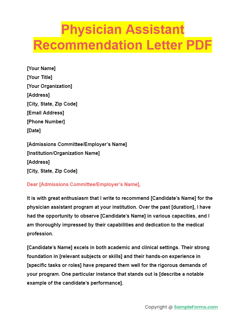 FREE 9  Physician Assistant Recommendation Letter Samples PDF MS Word