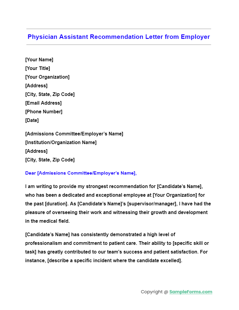 physician assistant recommendation letter from employer
