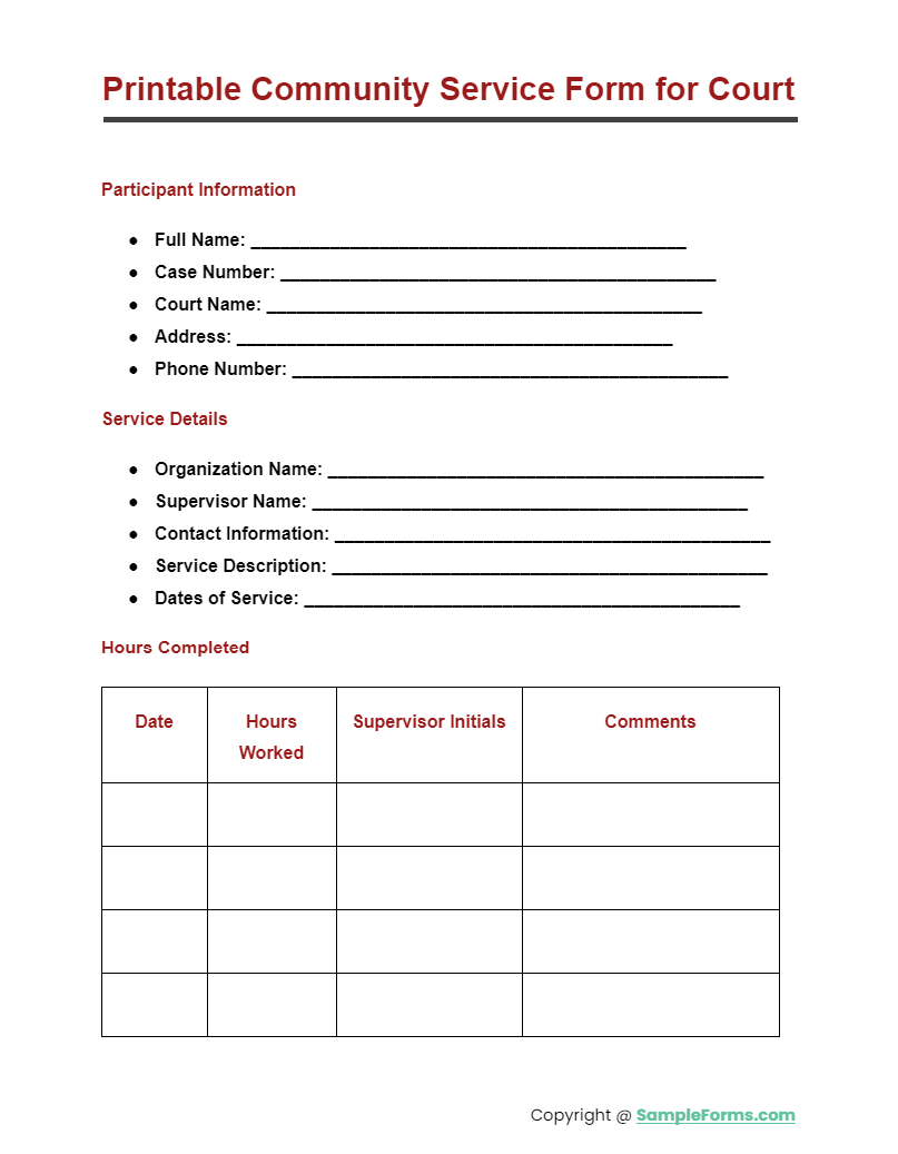 printable community service form for court
