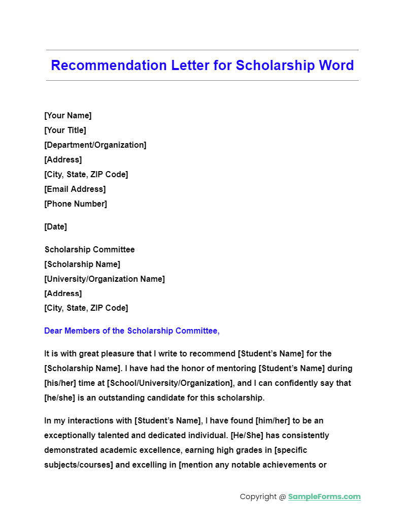 recommendation letter for scholarship word