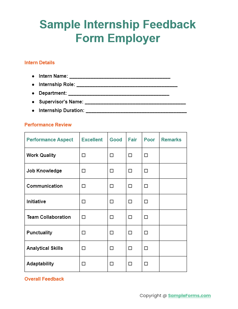 sample internship feedback form employer