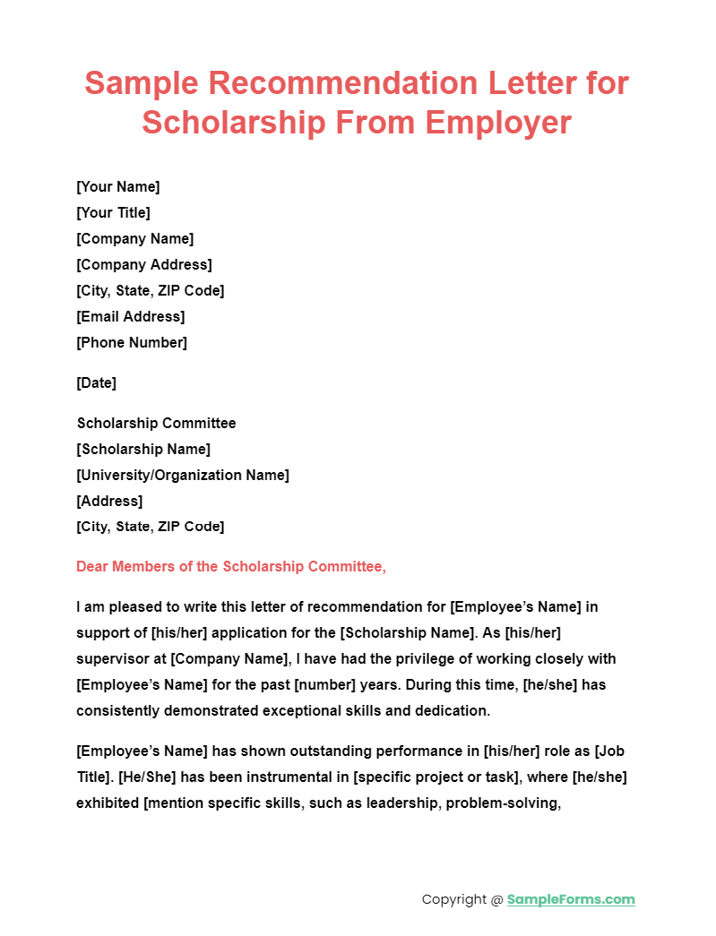 sample recommendation letter for scholarship from employer