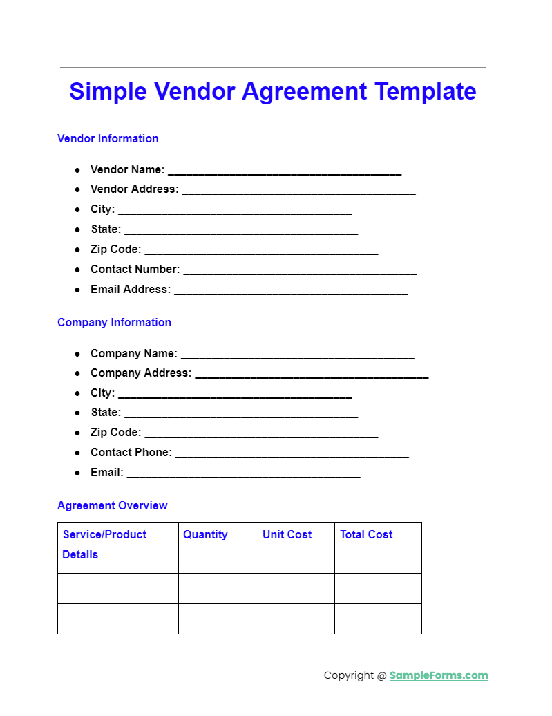 simple vendor agreement template