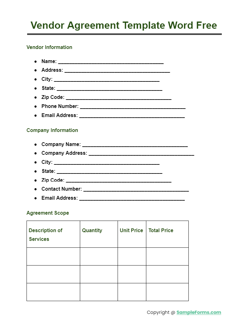 vendor agreement template word free