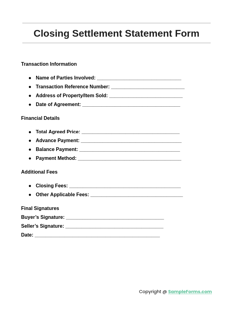 closing settlement statement form