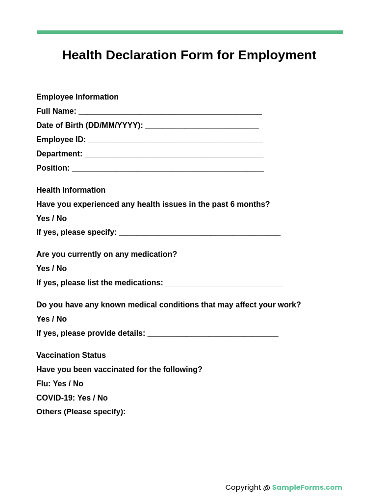 health declaration form for employment