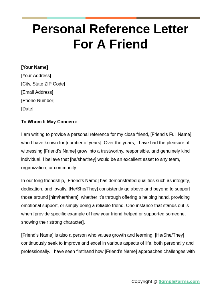 personal reference letter for a friend