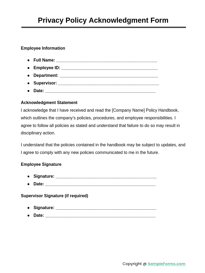 privacy poilcy acknowledgment form