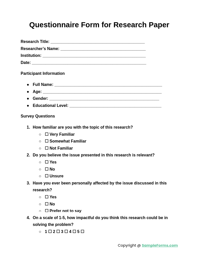 questionnaire form for research paper