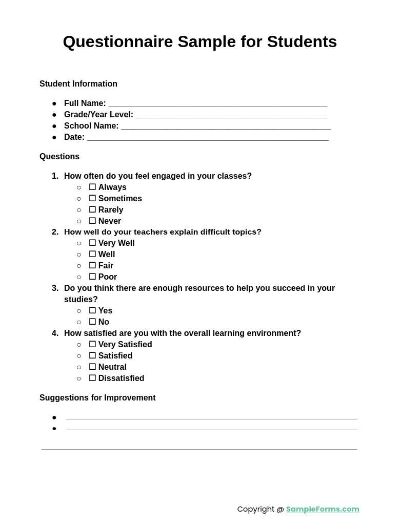 questionnaire sample for students