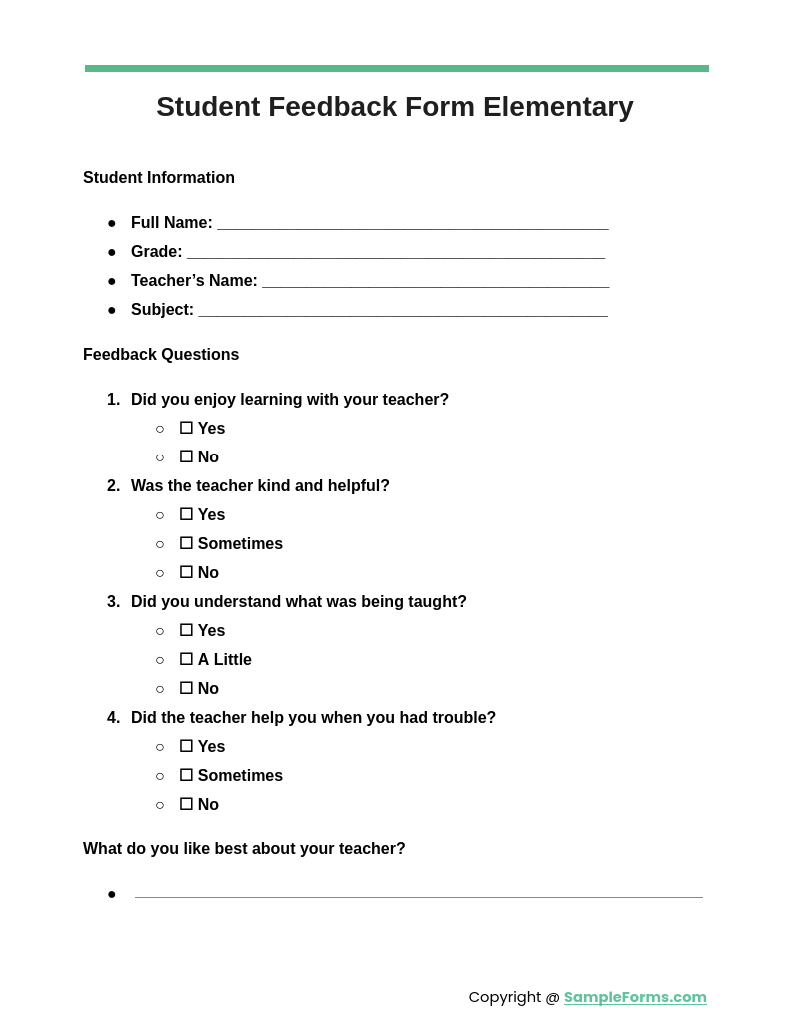 student feedback form elementary