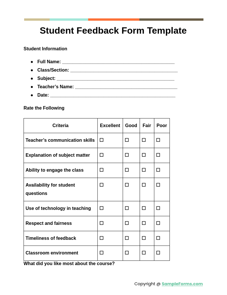 student feedback form template